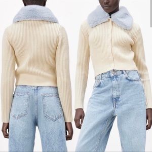 Zara Faux Fur Ribbed Knit Cardigan